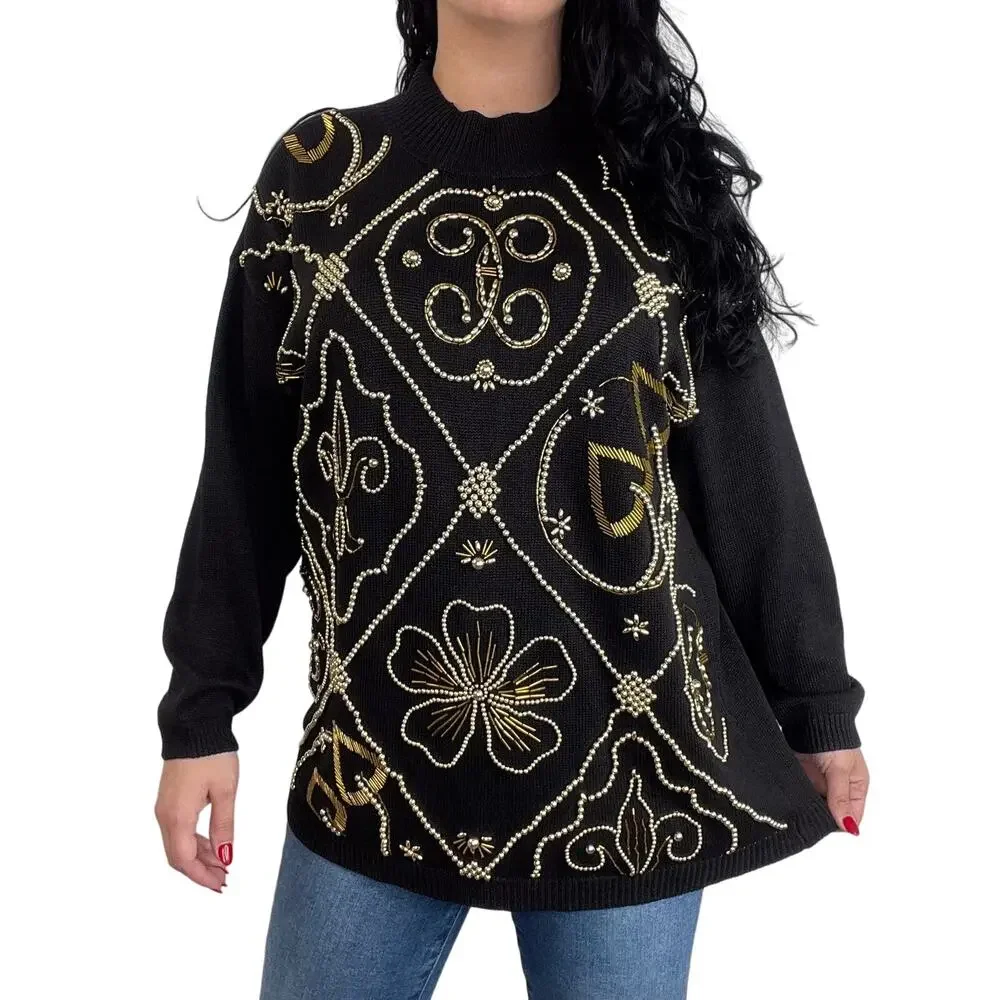 Victoria Jones 1980s Vintage Black & Gold Beaded Embroidered Sweater Large